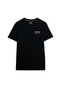 Czarny t-shirt z krótkim rękawem wykonany z bawełny. Posiada małe białe logo "SUPERDRY" na lewej piersi. Okrągły dekolt, regularny krój.