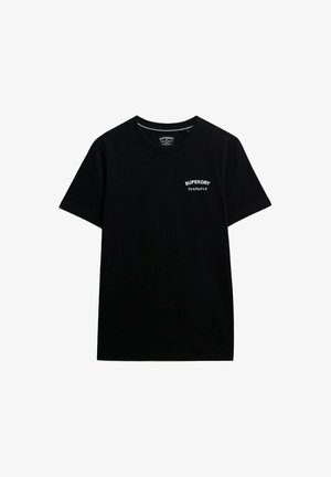 Czarny t-shirt z krótkim rękawem wykonany z bawełny. Posiada małe białe logo "SUPERDRY" na lewej piersi. Okrągły dekolt, regularny krój.