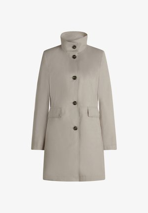 Beige, knielange jas met een hoge kraag, knoopsluiting aan de voorkant en twee zijzakken. Gladde stof met een strak ontwerp.