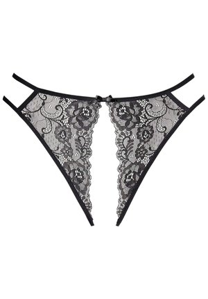 Black lace thong featuring floral patterns, cut-out sections, and adjustable straps with a small bow accent at the center front.