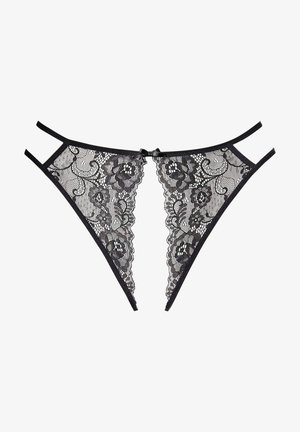 Zwarte kant thongs met bloemmotieven, uitsnijdingen en verstelbare bandjes met een kleine strikaccent in het midden voor.