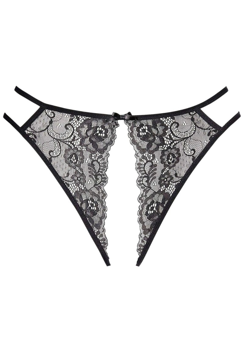 String en dentelle noire avec motifs floraux, sections découpées et bretelles réglables, agrémenté d'un petit nœud au centre avant.