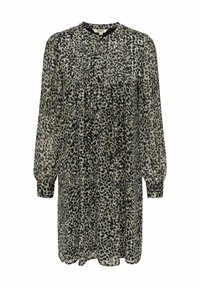 Robe à manches longues en tissu léger et transparent, présentant un imprimé léopard noir et beige, avec une silhouette ample et un col rond.