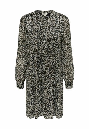 Jurk met lange mouwen gemaakt van lichtgewicht, doorschijnende stof met een zwarte en beige luipaardprint, voorzien van een losse silhouet en een ronde halslijn.