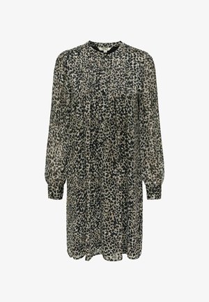 Long-sleeve dress made of lightweight, sheer fabric featuring a black and beige leopard print, with a loose silhouette and round neckline.