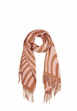 Strickschal mit abwechselnden pinken und braunen Streifen, mit fransigen Enden. Weicher Stoff und leichtes Design, das sich für verschiedene Stile eignet.