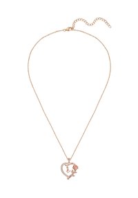Rose guld halskæde med en hjerteformet vedhæng, der har en rose og en lille charm, dekoreret med klare sten langs kanten. Kæden har forlængelse.