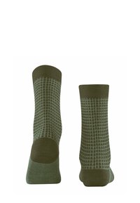 Calze verde oliva con un motivo a griglia in azzurro chiaro. Realizzate in un materiale morbido, con bordo a costine e tallone rinforzato per il massimo comfort.