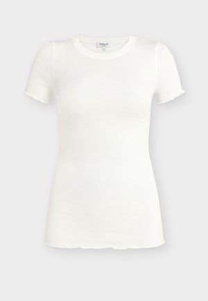 Haut blanc à manches courtes côtelé ajusté avec encolure ronde et finitions ondulées sur les manches et l'ourlet.