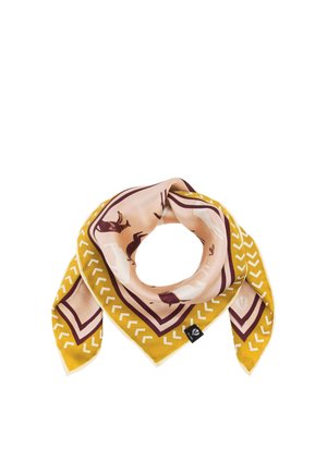 Square scarf with yellow borders, chevron patterns, and animal silhouettes in brown and beige tones, folded in a circular shape.