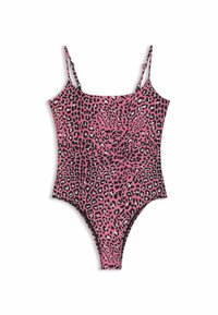 Eén stuk zwemkleding in het roze met zwart en grijs luipaardprint, voorzien van dunne verstelbare bandjes en een hoog uitgesneden beenontwerp.