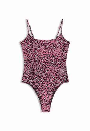 Costume intero rosa con stampa leopardata nera e grigia, dotato di spalline sottili e regolabili e design con gambe alta.