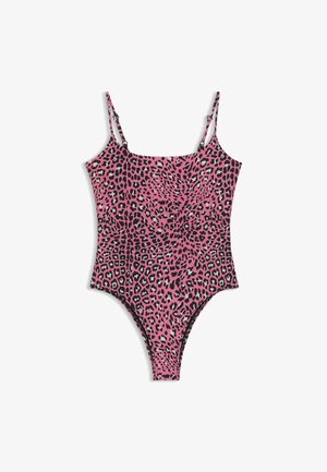 Costume intero rosa con stampa leopardata nera e grigia, dotato di spalline sottili e regolabili e design con gambe alta.