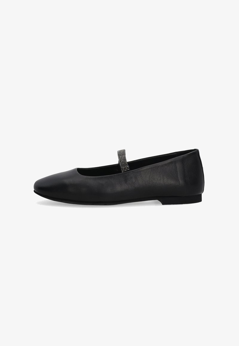Schwarze Leder-Balletschuhe mit abgerundetem Zehenbereich, flacher Sohle und einem dekorativen Riemen mit subtiler Schimmerndheit. Strukturiertes Finish.