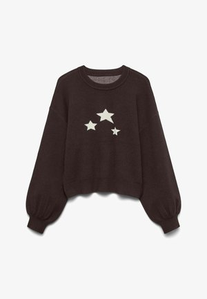 Ciemnobrązowy krótki sweatshirt z okrągłym dekoltem i bufiastymi rękawami, z trzema białymi wzorami gwiazd w różnych rozmiarach na przodzie.