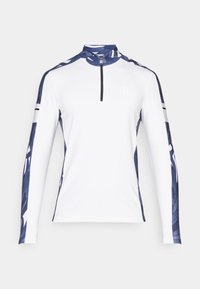 T-shirt de sport à manches longues, blanc avec des manches à motif bleu, col montant et fermeture éclair 1/4. Présente des rayures noires contrastantes sur les manches.
