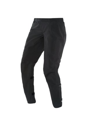 Black waterproof trousers with an elastic waistband, tapered design, Velcro accents, and reinforced stitching along the seams.
