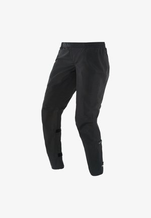 Black waterproof trousers with an elastic waistband, tapered design, Velcro accents, and reinforced stitching along the seams.