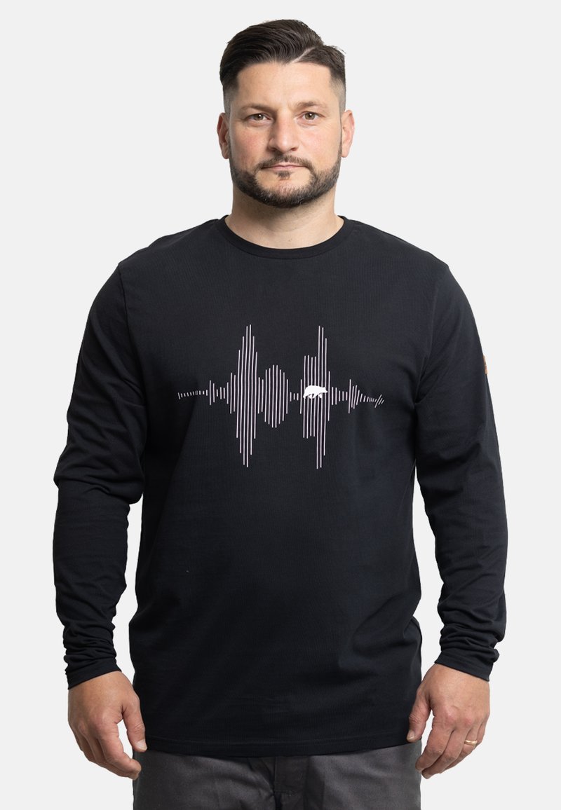 Schwarzes langärmliges T-Shirt mit einem weißen Schallwellen-Graphic auf der Vorderseite, rundem Ausschnitt und geripptem Material.