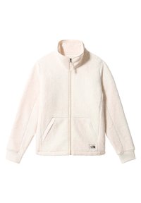 Chaqueta de forro polar, color crema, con cremallera en el frente, cuello alto, puños acanalados, dos bolsillos laterales, textura suave, pequeño logotipo de la marca en el dobladillo.