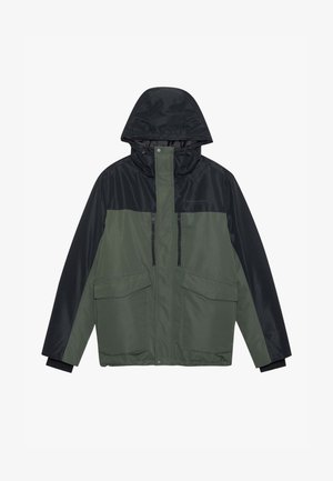 Chaqueta verde y negra con capucha, con cierre de cremallera frontal, dos bolsillos en el pecho y dos bolsillos delanteros. Fabricada con un tejido suave y resistente al agua.