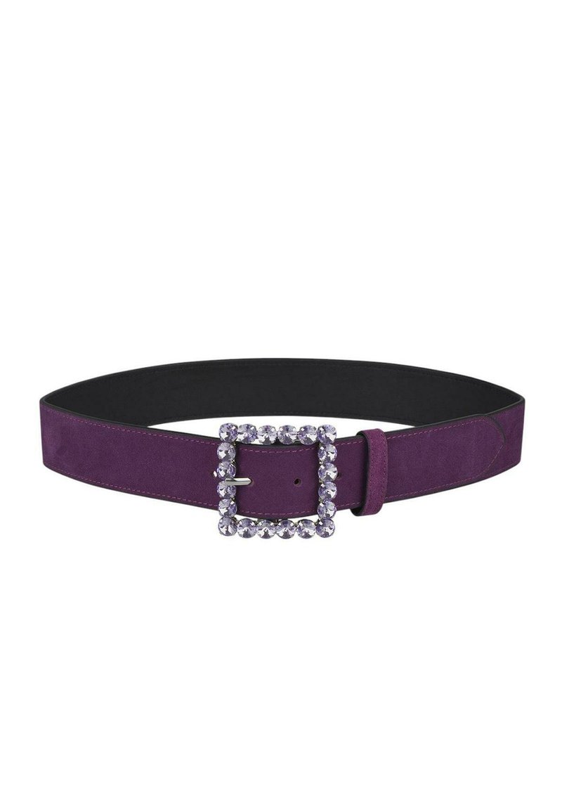Paarse suede riem met een brede band, voorzien van een vierkante gesp versierd met rhinestones. Gepatineerde afwerking en verstelbare pasvorm.