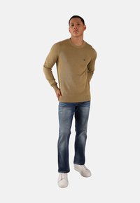 Maglione in cotone beige con maniche lunghe e orlo a coste; piccolo logo sul petto a sinistra. Abbinato a jeans blu e sneakers bianche.