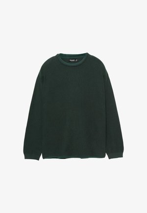 Maglione a coste di un verde scuro, con scollatura rotonda e maniche lunghe; caratterizzato da un tessuto testurizzato e una vestibilità leggermente oversize.