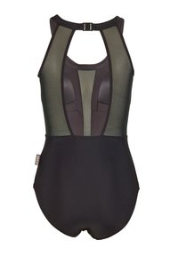 Maillot de bain noir avec un bas uni et des panneaux en mesh transparent sur le haut. Il présente un design dos nageur et une fermeture à clip au niveau du cou.