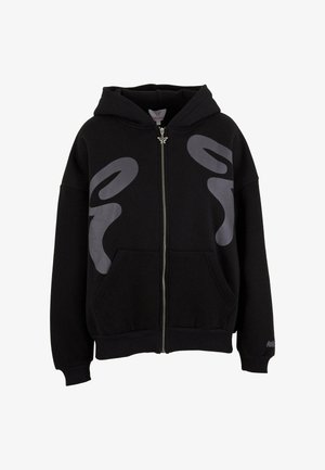 Black zip-up hoodie made of cotton blend, featuring a large gray graphic on the front, kangaroo pockets, and ribbed cuffs and hem.