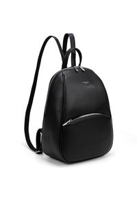 Sac à dos en cuir noir avec une forme arrondie, surface texturée, doubles zips, poche avant et bretelles ajustables.