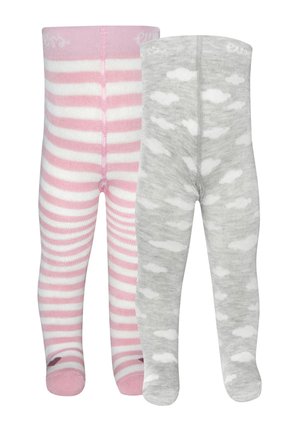 Zwei Paar Baby-Strumpfhosen: eines rosa und weiß gestreift, das andere hellgrau mit weißen Wolkenmustern.