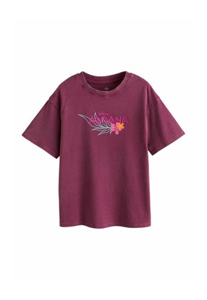 Paars T-shirt met korte mouwen met een "Disney Moana"-logo, tropische bladeren en roze en oranje bloemen op de borst.