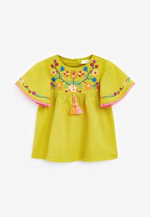 Lysegrøn top med blomsterbroderi i gult, blå og pink. Har korte ærmer med pompom-kant og en detalje med kvast.