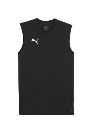 Zwarte mouwloze sporttanktop met een gestructureerd patroon, gemaakt van vochtregulerende stof, met een wit Puma-logo op de borst.