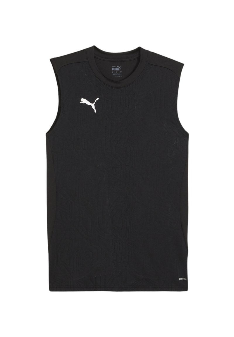 Zwarte mouwloze sporttanktop met een gestructureerd patroon, gemaakt van vochtregulerende stof, met een wit Puma-logo op de borst.