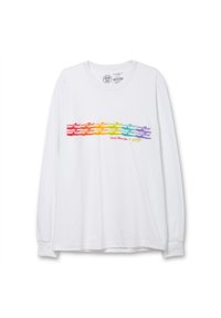 White long-sleeve T-shirt with a multicolored, wavy line design in red, orange, yellow, green, blue, and purple across the chest.