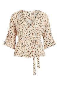Blouse croisée en tissu léger couleur crème avec un imprimé floral dans des tons de marron, orange et marine. Dispose de manches trois-quarts et d'une taille à nouer.
