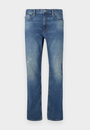 Blauwe denim jeans met een rechte pijpdesign, voorzien van vervaagde plekken en lichte slijtage op de knieën. Knoopsluiting in de tailleband met riemlussen.