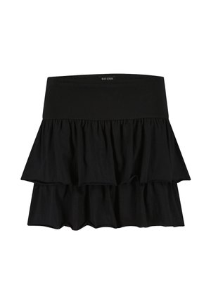 Minigonna nera a balze con ampia fascia in vita e strati arricciati, realizzata in tessuto morbido da Blue Seven.