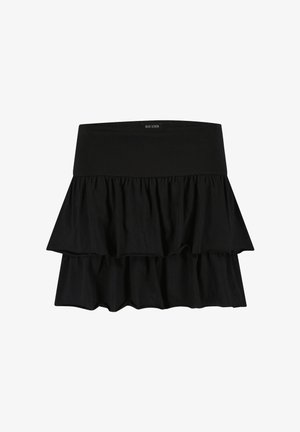 Mini-jupe noire à volants avec une large ceinture et des couches à volants, réalisée en tissu doux par Blue Seven.