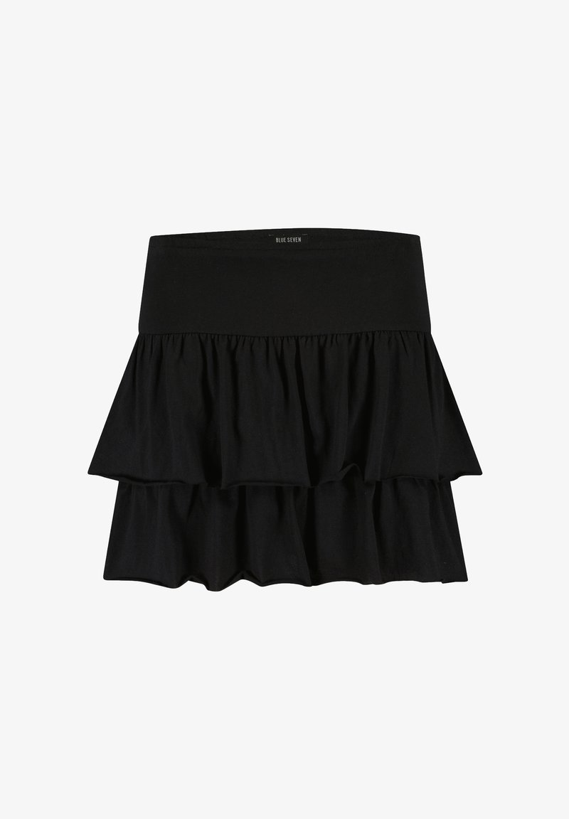 Mini-jupe noire à volants avec une large ceinture et des couches à volants, réalisée en tissu doux par Blue Seven.