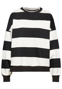 Sweat-shirt à manches longues à rayures horizontales noires et blanches, avec poignets, col et ourlet côtelés, présenté à plat sur fond blanc.