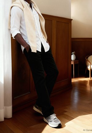 Homme appuyé contre un mur en bois, les mains dans les poches, portant une chemise blanche, un pull beige drapé sur les épaules, un pantalon noir et des baskets grises.