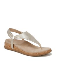 Metallic gold thong sandal with a cork sole, adjustable ankle strap, and soft beige footbed. Flat design, textured upper and sole.