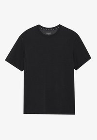 Zwart katoenen t-shirt met ronde hals, korte mouwen en een eenvoudige uitstraling. Bevat kleine details rond de halslijn.