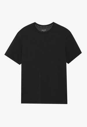 Schwarzes Baumwoll-T-Shirt mit Rundhalsausschnitt, kurzen Ärmeln und schlichter Gestaltung. Verfügt über kleine Details am Ausschnitt.