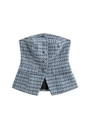 Gilet tissé bleu et noir à motif, avec un design structuré, des boutons sur le devant et une fente à l'arrière pour faciliter les mouvements.