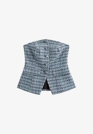Geweven vest in blauw en zwart met een gestructureerd ontwerp, voor knopen en een rugsplit voor gemakkelijke beweging.