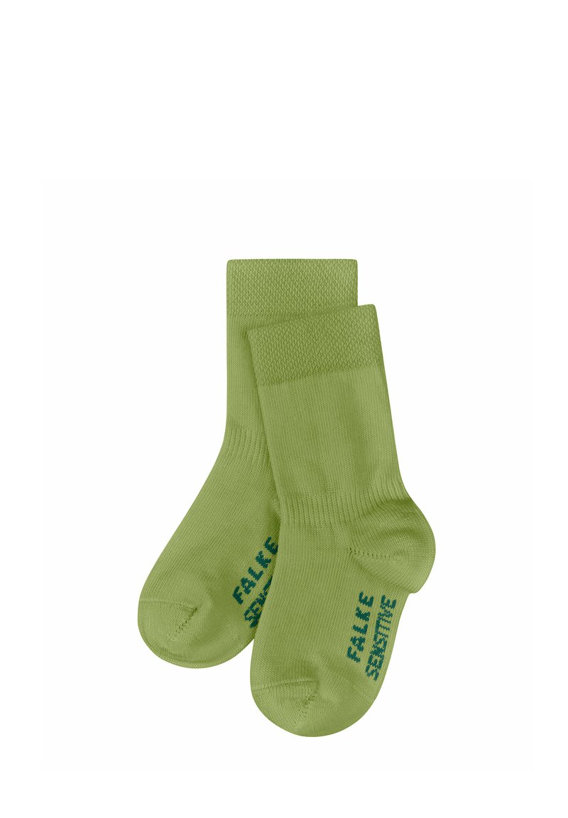 Green cotton socks with a smooth texture, featuring a ribbed cuff and printed text in dark green. Short ankle length design.